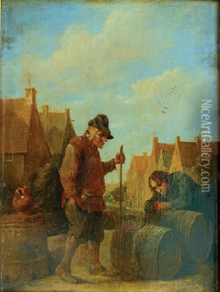 Dwaj Mezczyzni Przy Beczkach Oil Painting - David The Younger Teniers