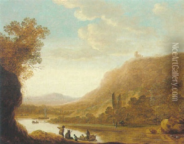 A Rocky River Landscape With Fishermen And Other Figures Conversing On A Bank Oil Painting - Cornelis Matteus