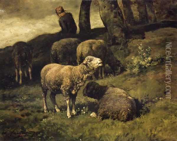 Grazing Sheep with a Sheperdhess Beyond Oil Painting - Charles Emile Jacque