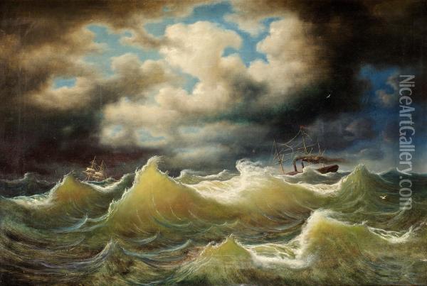 Angbat Pa Stormigt Hav Oil Painting - Johan Knutson