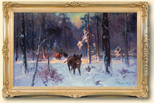 Dziki W Zimowym Lesie Oil Painting - Ignacy (Czeslaw Wasilewski) Zygmuntowicz
