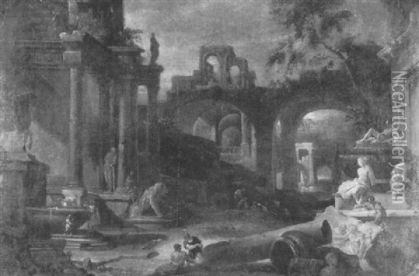 Capriccio Of Ruins Adorned By Roman Statues With Figures By A Fountain Oil Painting - Viviano Codazzi