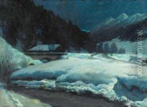 Winterlandschaft Bei Mondschein. Oil Painting - Albert Stagura