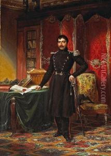 A Military Officer In His Study With Documentsand Books On A Table Oil Painting - L. Charles Auguste Couder