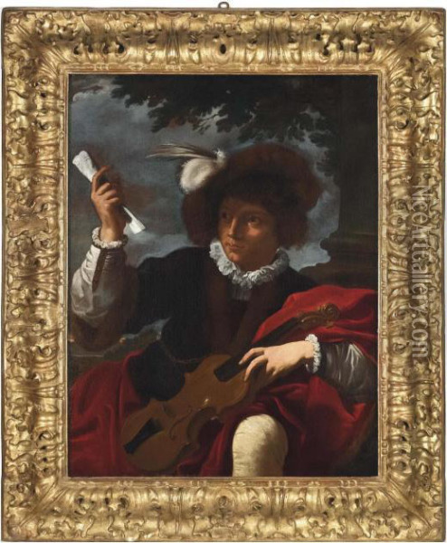 Giovane Con Violino Su Sfondo Di Paesaggio Oil Painting - Pier Francesco Mola