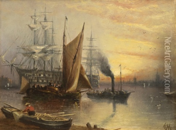 Ships In Harbor With Fisherman In Foreground Oil Painting - Claude T. Stanfield Moore
