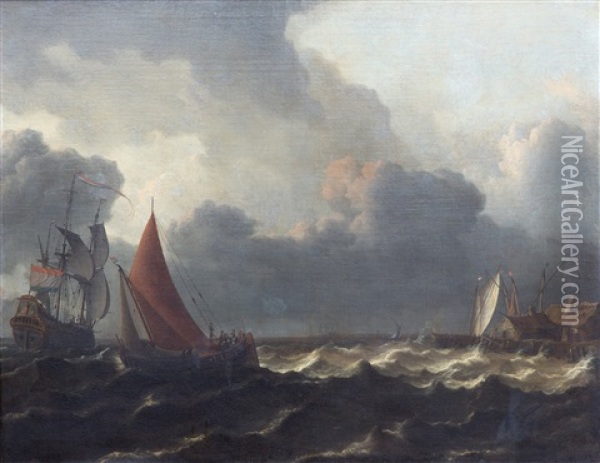 A Smalship Closed Hauled In A Stiff Breeze With A Flagship Offshore To The Left And A Jetty To The Right Oil Painting - Aernout (Johann Arnold) Smit