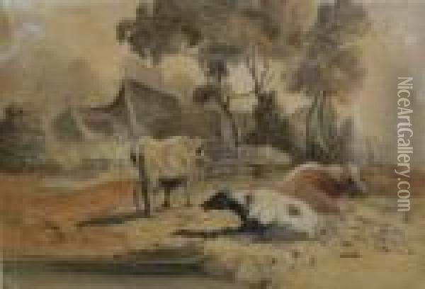 Cattle Beside A Pond With Farm Buildings Beyond Oil Painting - Robert Hills
