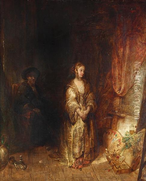 Rembrandt's Studio Oil Painting - Alfred Joseph Woolmer