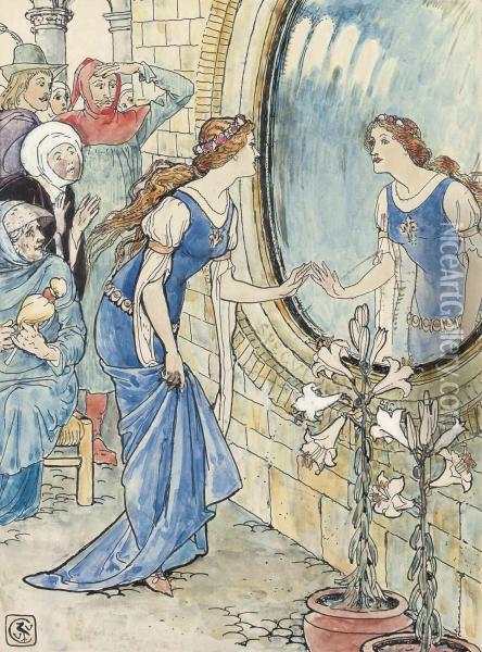 Five Illustrations For Arthur Kelly's The Rosebud And Other Tales -'the Mirror' (one Illustrated) Oil Painting - Walter Crane