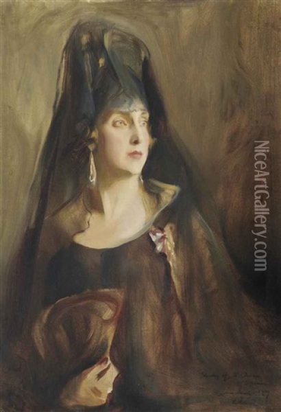 Portrait Of Queen Victoria Eugenia Of Spain (1887-1969), Half-length, Wearing A Plain Sleeveless Black Gown, The Order Of Queen Maria Luisa On A Purple And White Ribbon Pinned To Her Dress, Holding A Fan In Her Right Hand Oil Painting - Philip Alexius De Laszlo