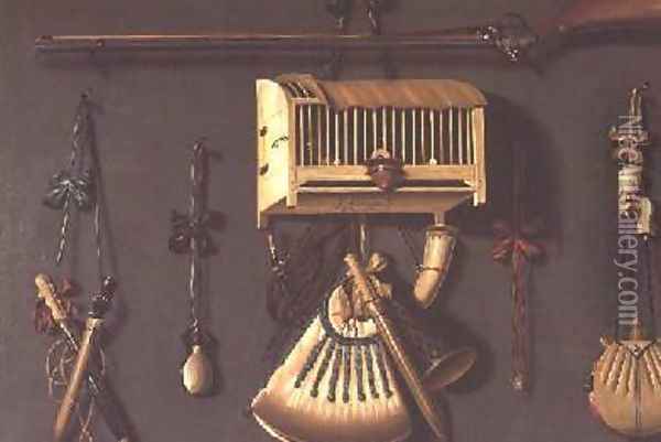 A Trompe lOeil Still life of a Gun a Powder Horn a Caged Bird and Hunting Equipment Oil Painting - Johannes Leemans