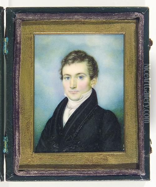 A Gentleman, Wearing Black Coat, White Chemise And Cravat. Oil Painting - Thomas Badger