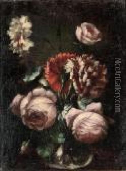 Roses, Carnations And Convolvulus In A Glass Vase Oil Painting - Frans Werner Von Tamm
