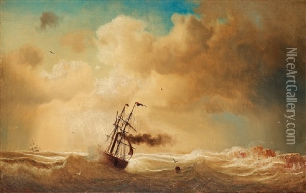 Ship On A Stormy Sea Oil Painting - Marcus Larsson