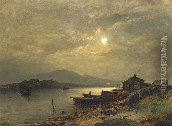 Norwegische Fjordlandschaft Im Mondschein Oil Painting - Sophus Jacobsen