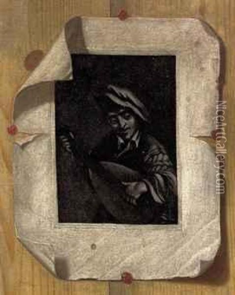 A Trompe L'oeil With A Print After A Painting By Adriaen Van Ostadedepicting A Man With A Guitar, Affixed To A Panel Oil Painting - Edwart Collier