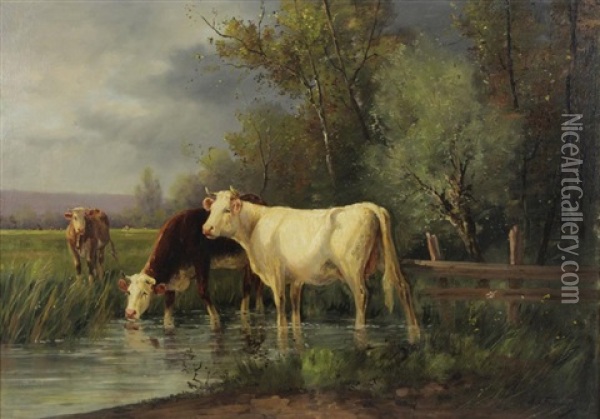 Cows Watering Oil Painting - Eugene Fromentin