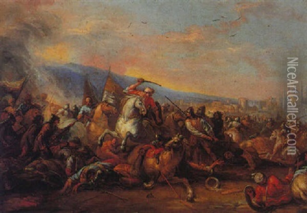 Battle Scene With The Santa Sofia Mosque In The Background Oil Painting - Francesco Simonini