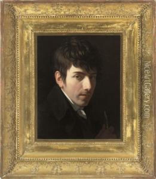 Portrait Of Andre Feer (b.1787), Bust-length, In A Black Coat With A White Cravat, A Paintbrush In His Right Hand Oil Painting - Constant Gabriel Vaucher