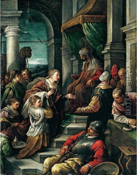 The Queen Of Sheba Before King Solomon Oil Painting - Leandro Bassano