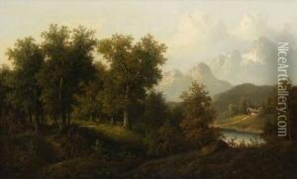 Waldlandschaft Mit
 Wanderer. Oil Painting - Eduard Boehm