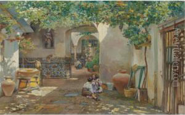 At Work And Play On The Patio Oil Painting - Manuel Garcia y Rodriguez