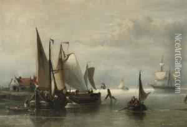 Barges Moored On A Calm Oil Painting - Nicolaas Riegen