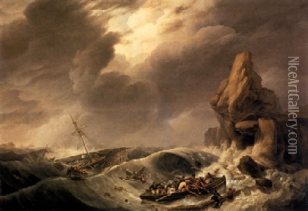 Shipwreck In A Storm Oil Painting - Johannes Hermanus Koekkoek