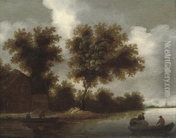 A Wooded River Landscape With Rowing Boats And Peasants By A Farmhouse Oil Painting - Pieter de Neyn