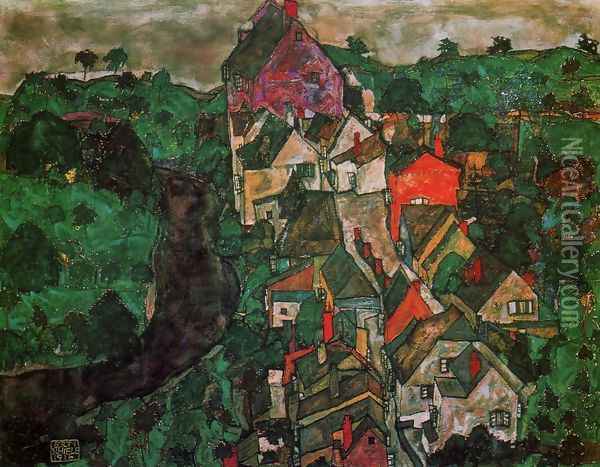 Krumau Landscape Aka Town And River Oil Painting - Egon Schiele