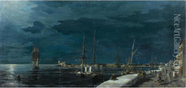 Volos Harbour At Night Oil Painting - Constantinos Volanakis