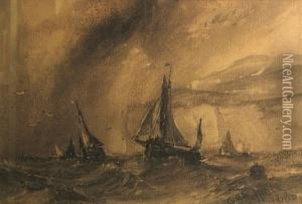 A Pair Of Marine Drawings; Also Two Works On Paper By Different Hands (4) Oil Painting - George Sheffield