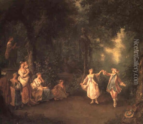 Un Couple Elegant Dansant Dans Un Jardin Et D'autres        Personnages Les Regardant Oil Painting - William Delacour