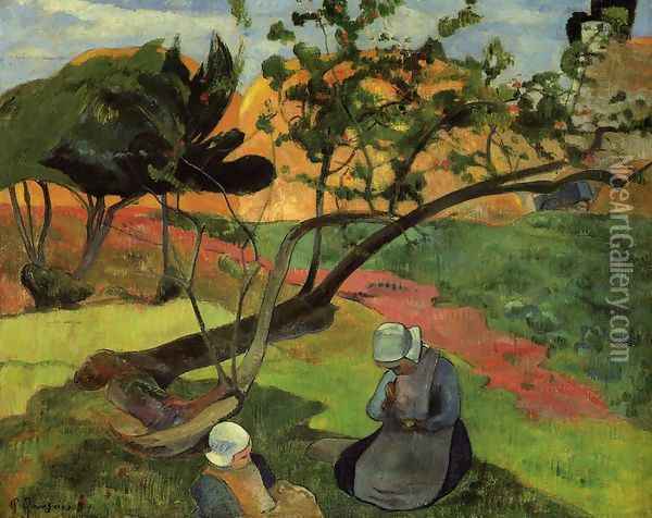 Little Girls Aka Landscape With Two Breton Girls Oil Painting - Paul Gauguin