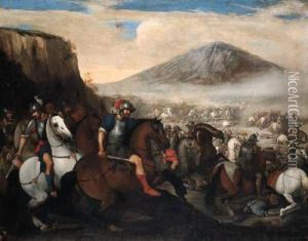 A Cavalry Battle Oil Painting - Anielo Falcone
