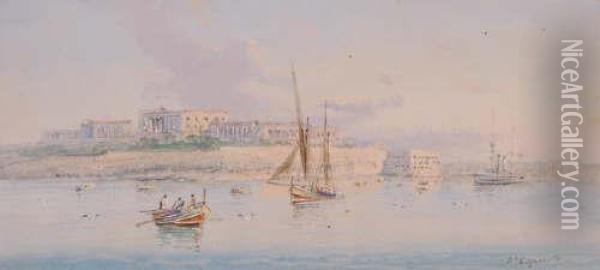 Gouache, Maltese Harbour Scene Oil Painting - Vincenzo D Esposito