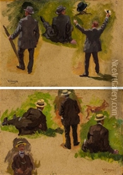 Pareja De Apuntes Con Caballeros Oil Painting - Jose Villegas y Cordero