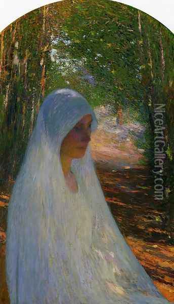 Young Woman Veiled in White in a Forest Oil Painting - Henri Martin
