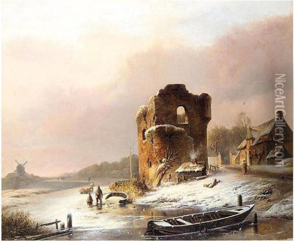 The Frozen River Oil Painting - Pieter Hendrik Lod. Jonxis