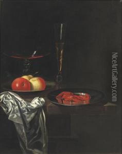 Two Venetian Glasses, Apples On A
 Pewter Plate And A Silver Dishwith Crayfish On A Marble Table Top Oil Painting - Johann Georg (also Hintz, Hainz, Heintz) Hinz