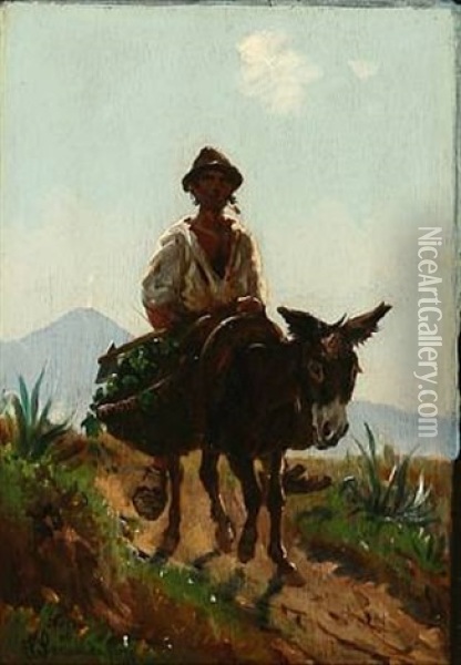 Landscape With Italian Peasant On Donkey (study) Oil Painting - Simon Simonsen