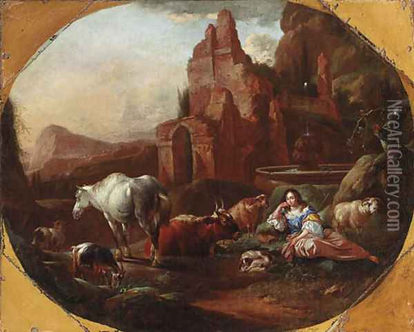 An italianate landscape with a shepherdess resting by a fountain Oil Painting - Johann Heinrich Roos