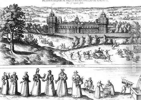 Elizabeth I s Procession Arriving at Nonesuch Palace and Illustrations of Social Hierarchy Oil Painting - Joris Hoefnagel