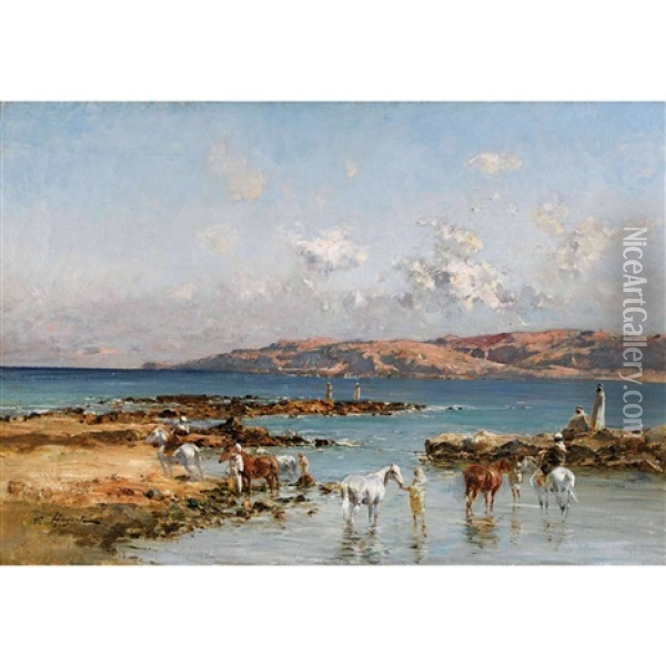 Cavaliers Arabes Au Bord De La Mer Oil Painting - Victor Pierre Huguet
