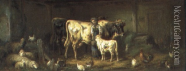 Kuhe Im Stall Oil Painting - Louis (Ludwig) Reinhardt