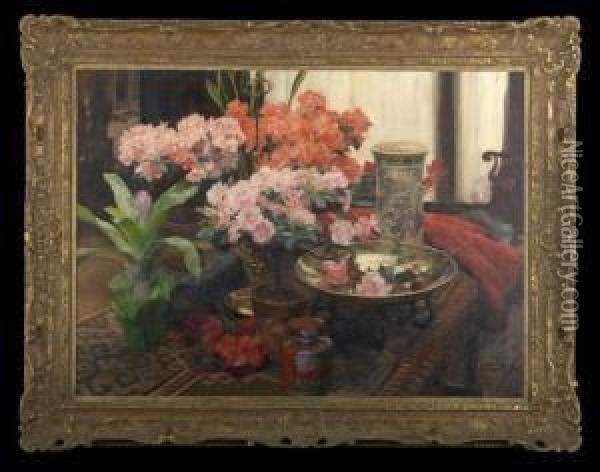 Still Life With Azaleas, 
Roses, 
Cyclamens, 
Bromeliad And Chinese Porcelain Group On A Draped Table Oil Painting - Herman Richir