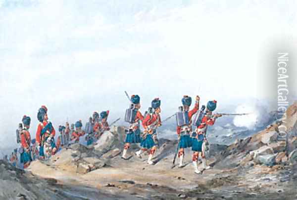 The 42nd Royal Highlanders Black Watch with Field officers attacking heights Oil Painting - Orlando Norie