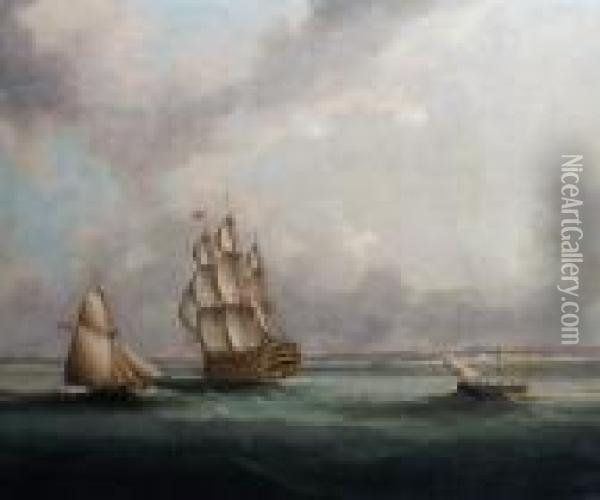 A Ship-of-the-line Off Cadiz, 
Probably The Flagship Of The Blockading Fleet, With An Armed Cutter Off 
Her Port Beam Oil Painting - Thomas Buttersworth