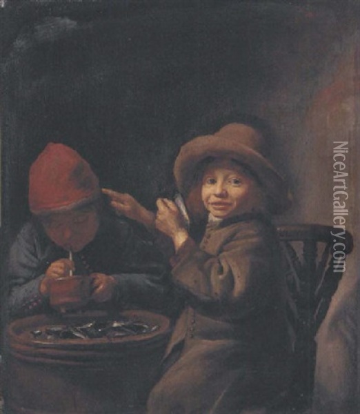 A Boy Eating Mussels, Another Lighting A Pipe Oil Painting - Jan Miense Molenaer